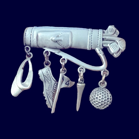 VINTAGE JJ JONETTE GOLF CLUBS DANGLE BALL TEE HAT FLAG SHOE PEWTER PIN BROOCH - Picture 1 of 3